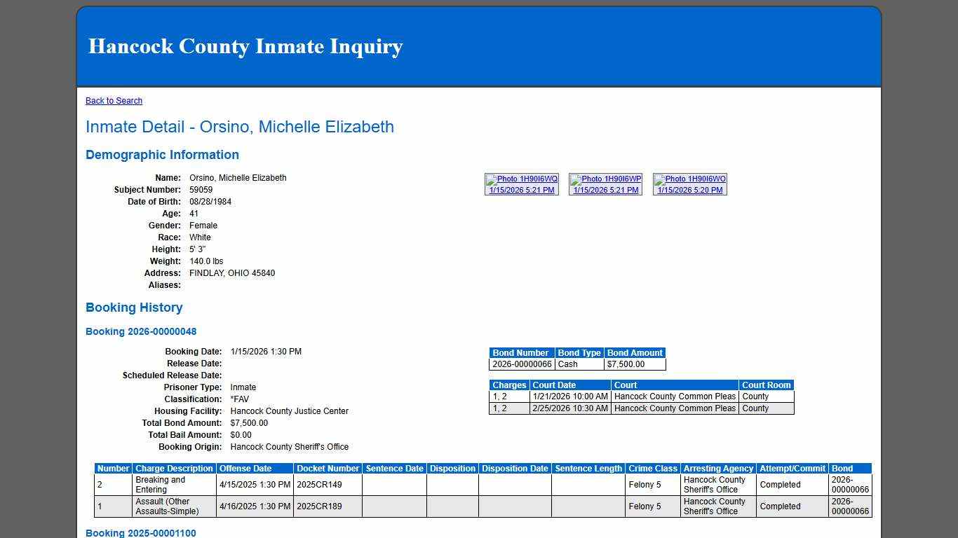 Inmate Detail - Orsino, Michelle Elizabeth